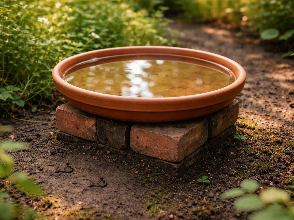 DIY terracotta saucer birdbath on short brick stand with fresh water and small bird tracks