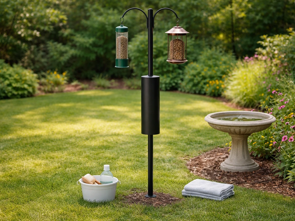 Black metal bird feeder pole with a protective baffle and nearby clean feeder and birdbath supplies