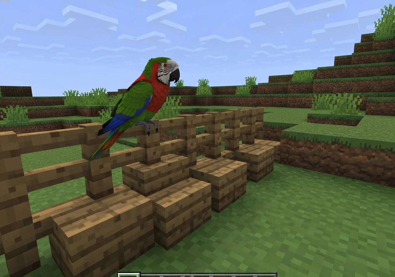 Minecraft parrot sitting on fence and stairs blocks, showing a “bird perch” setup in vanilla.