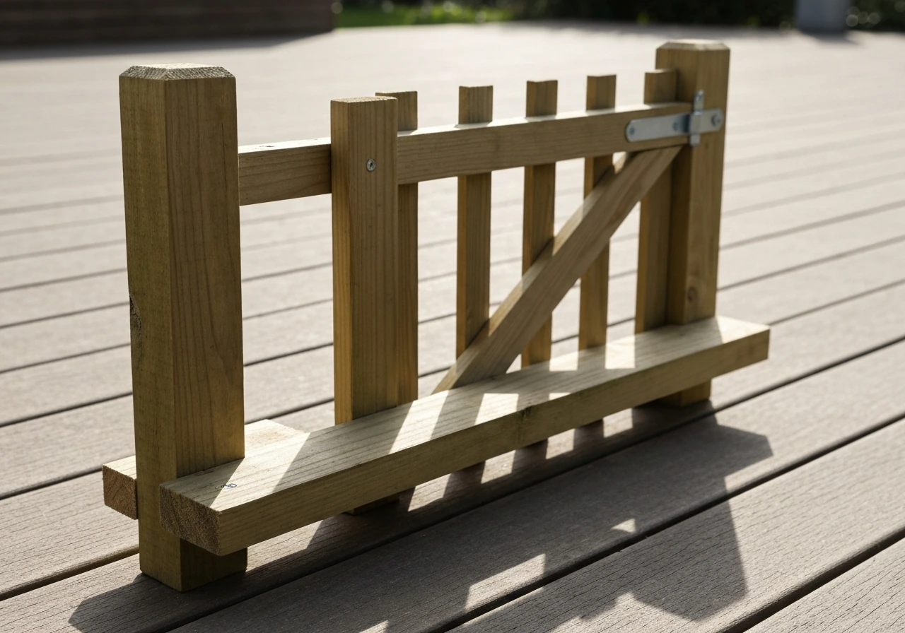Minimal photo of wooden fence post perch with a horizontal stair/slab bar and a fence gate forming a silhouette