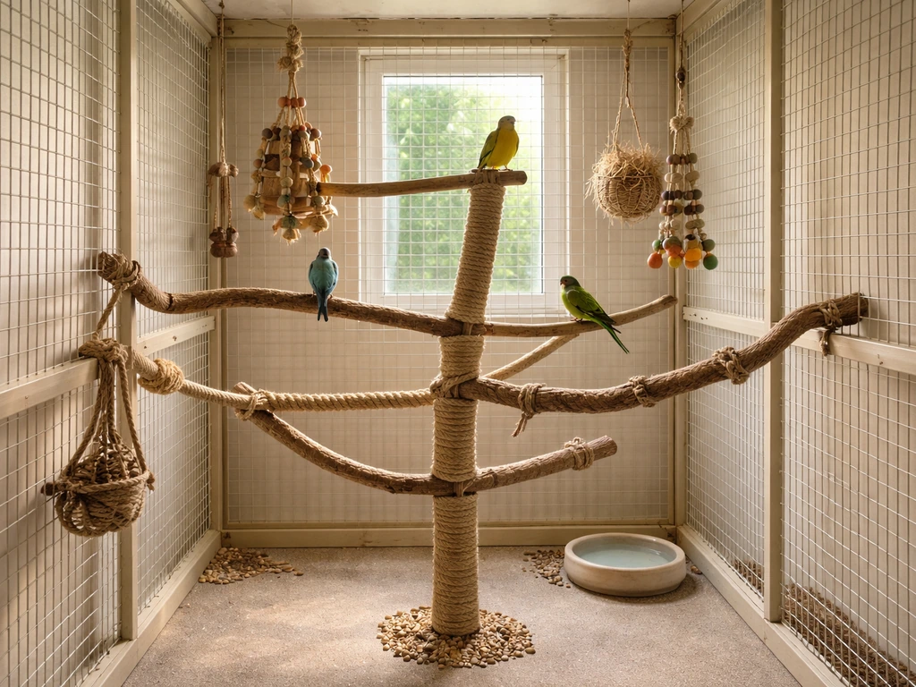 Small indoor bird enclosure with a built-in rope perch and multiple perches inside an aviary-style room