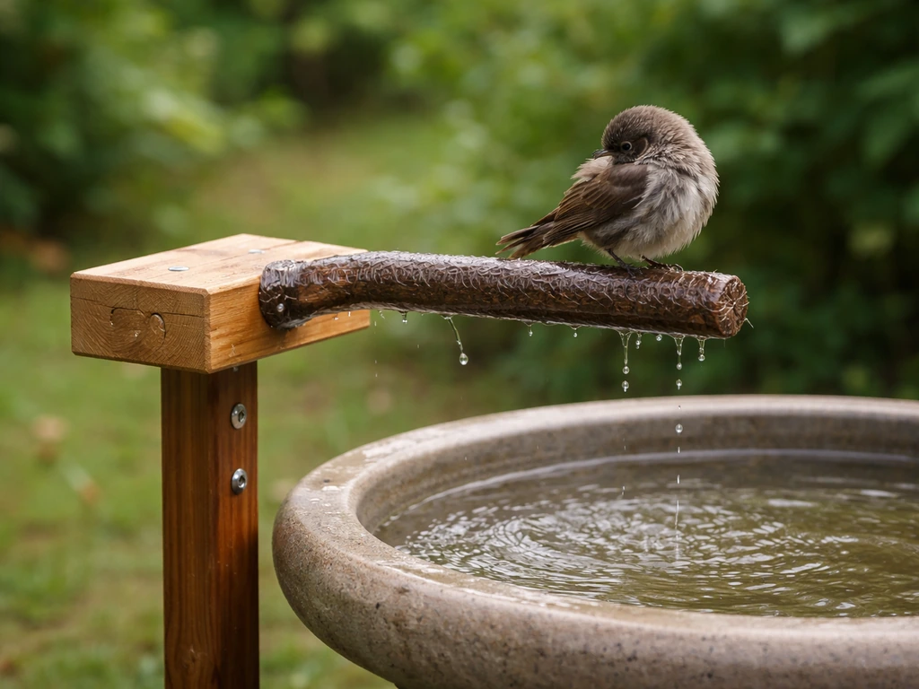 A small bird perched and preening on a water-resistant DIY shower perch beside a birdbath in the garden.