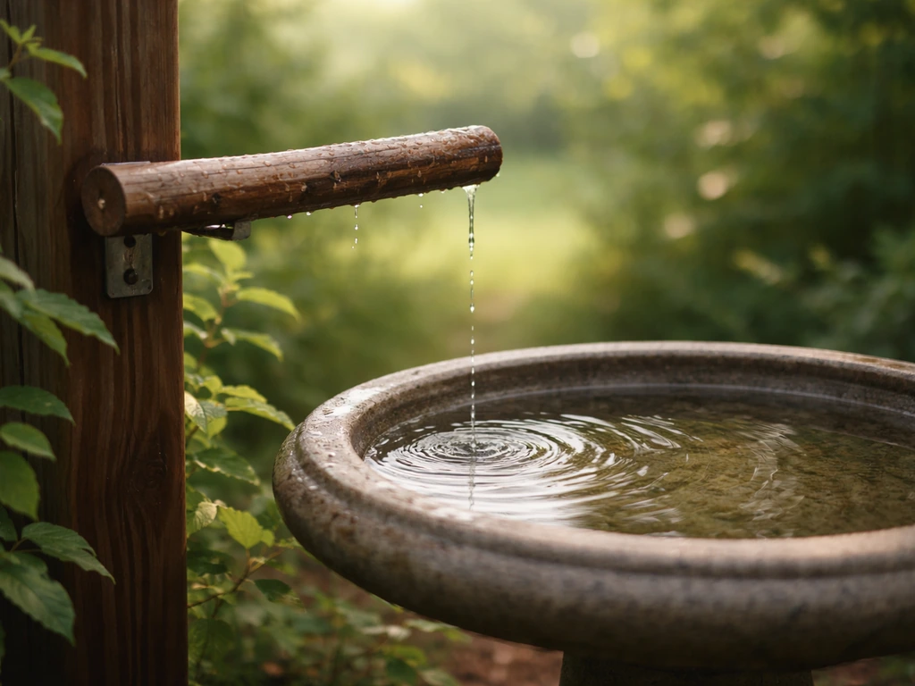 Wooden bird shower perch mounted beside a birdbath with a dripper, showing landing and preening placement.