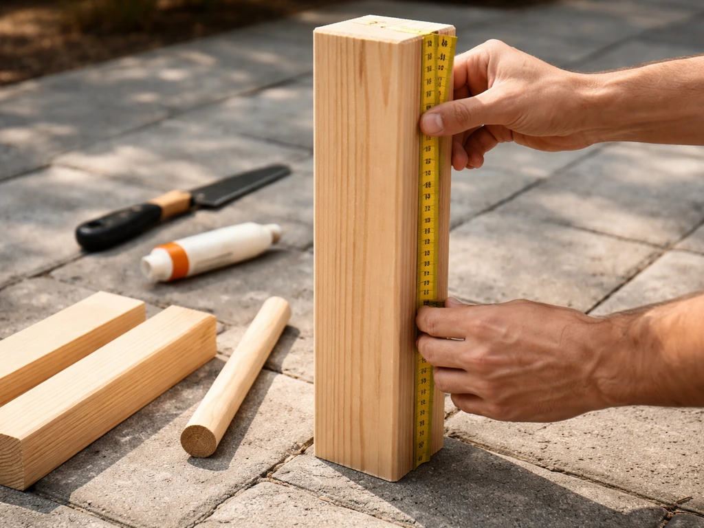 Hands measuring and assembling a freestanding birdbath base with an upright post and perch bar on a patio
