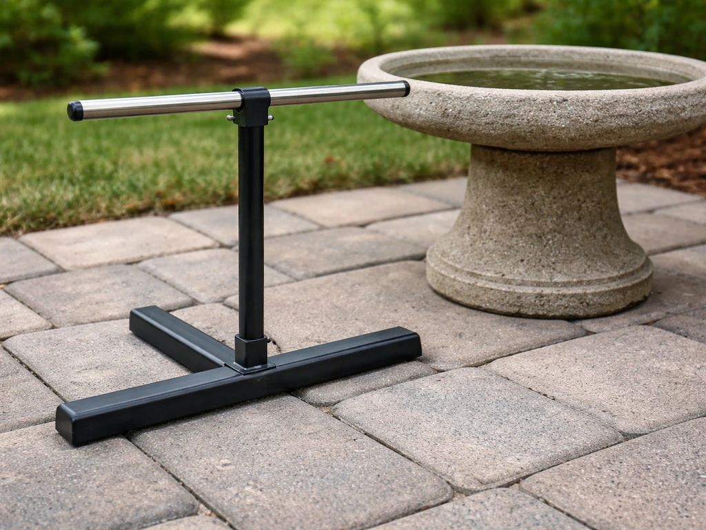 Close-up of a free-standing T-base with perch bar aligned at the right height beside a birdbath