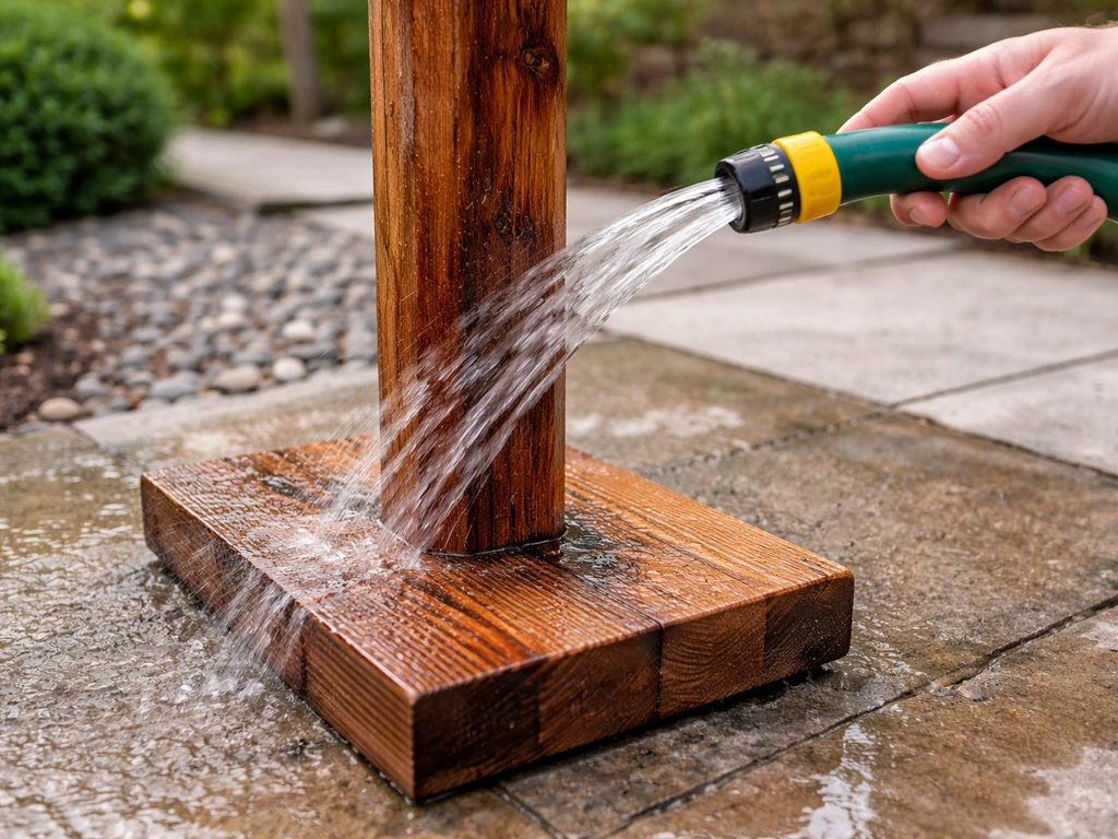 Wooden outdoor perch post being rinsed with water, base shown stable and clean.