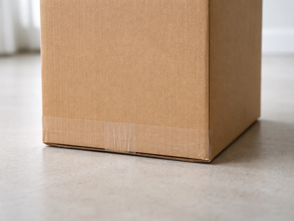 Upright cardboard trap box with bottom flaps securely taped shut, entry side panel visible.