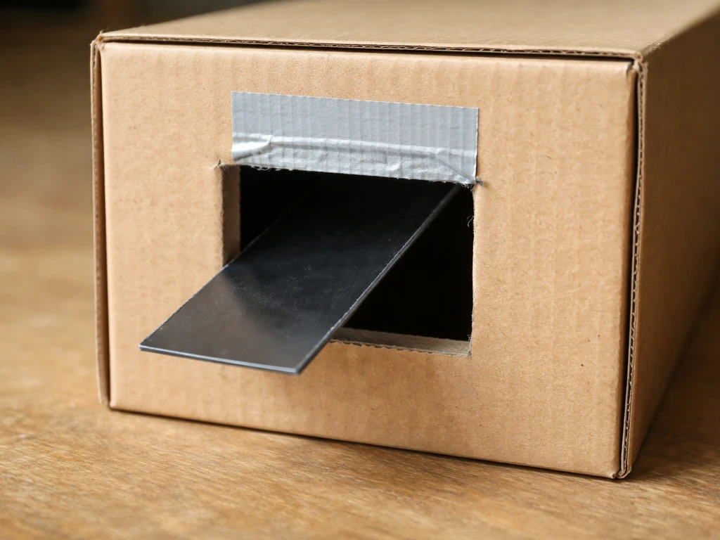 Close-up of a DIY trap box: rectangular entry hole with a one-way flap hinged and swinging inward.