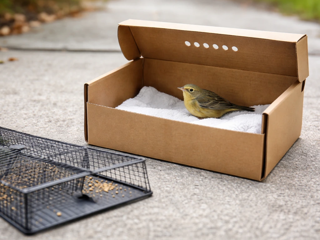 A small bird resting in a dark transport box beside an empty trap, indicating humane minimal handling.