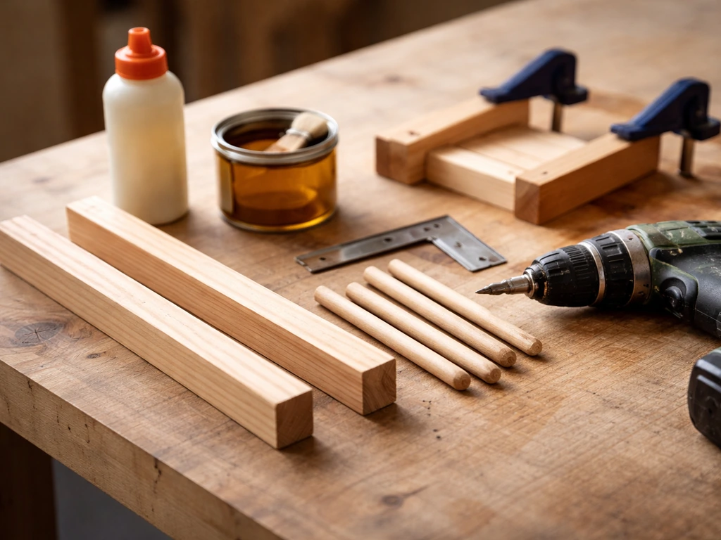 Close-up of small wooden ladder materials and tools laid out on a workbench