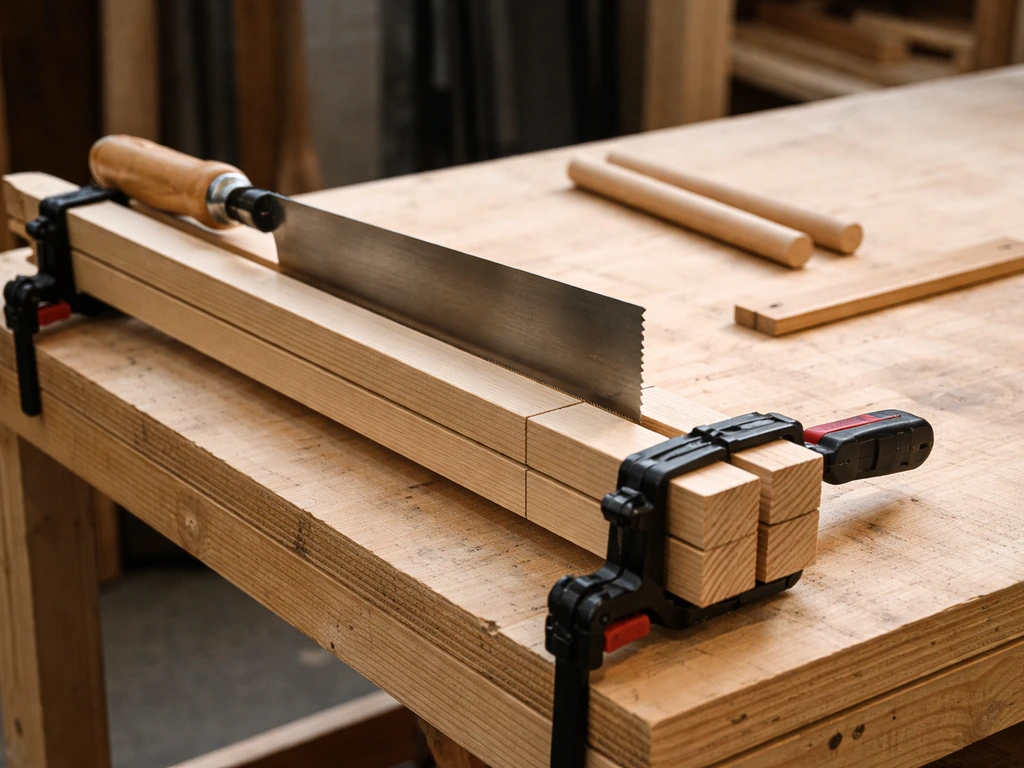 Clamped wooden rails on a workbench with a hand saw cutting both at once in natural light.