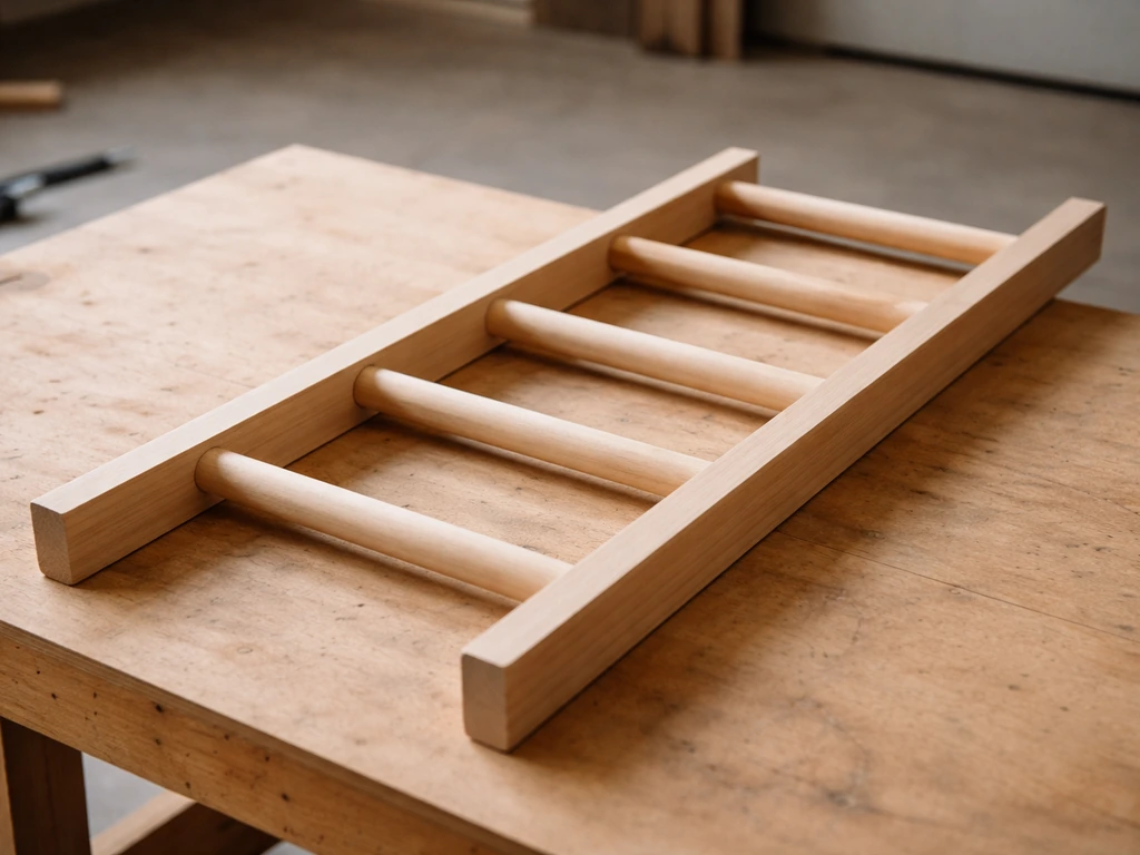 Close-up of a wooden ladder frame with rungs dry-fitted, aligned and resting on a workbench