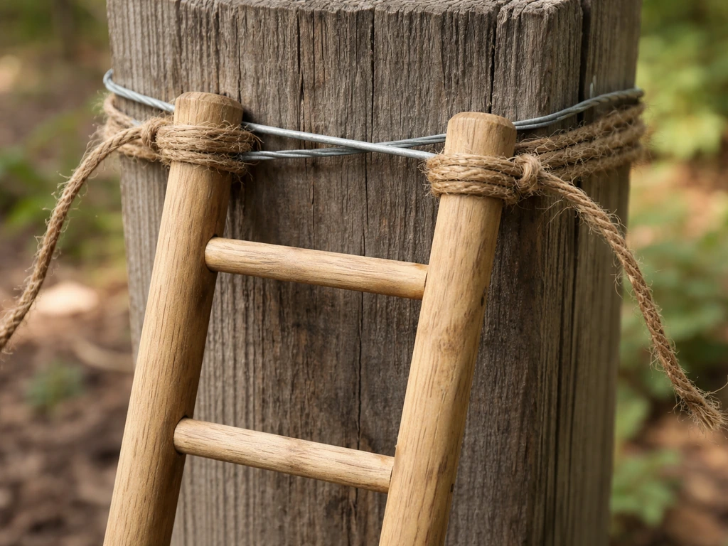 Close-up of a ladder rail secured with heavy wire or jute near the top against a wooden feeder post