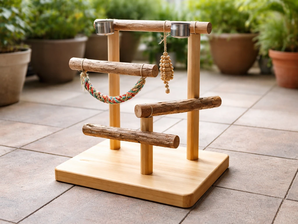 Finished DIY bird play stand with multiple safe perches and levels in a bright room