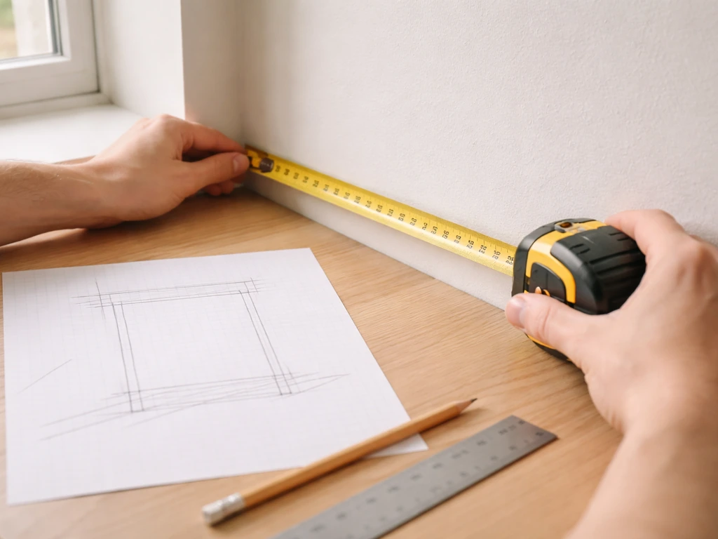 Hands measure a wall space with a tape and rough blueprint paper indicating a bird stand layout.