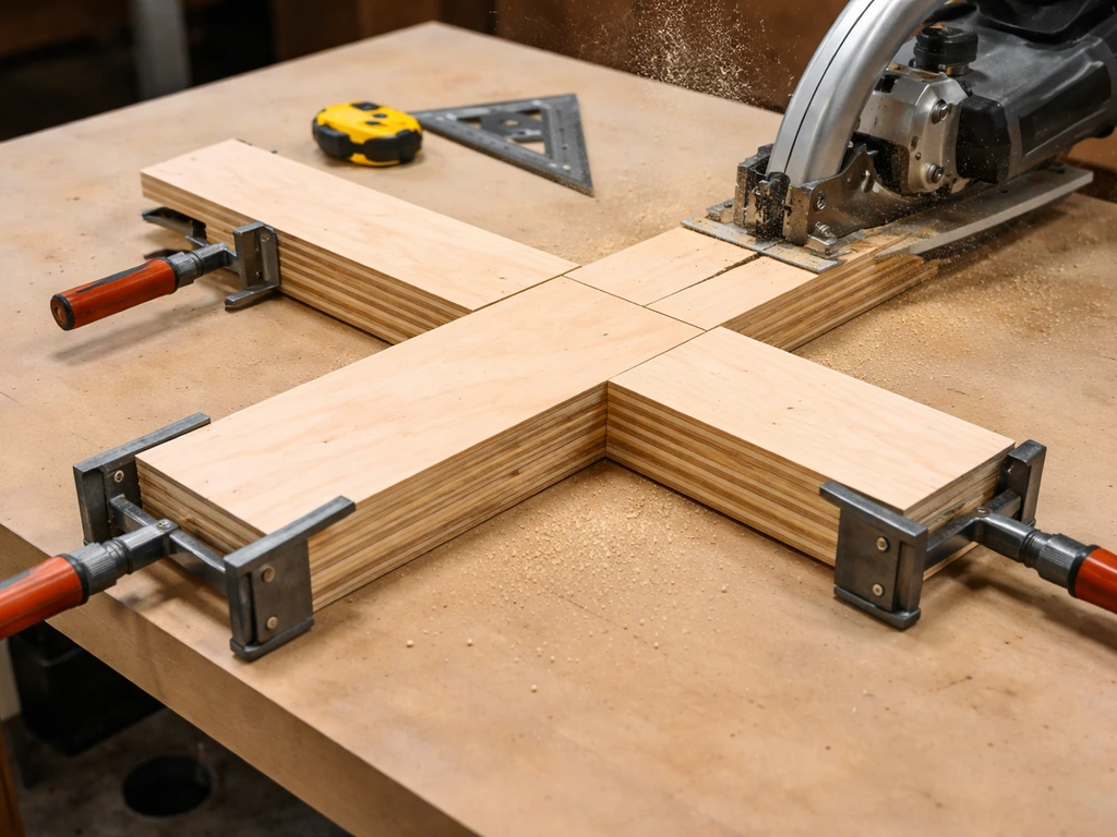 Close-up of clamped plywood cross/T-shaped base pieces being cut and assembled