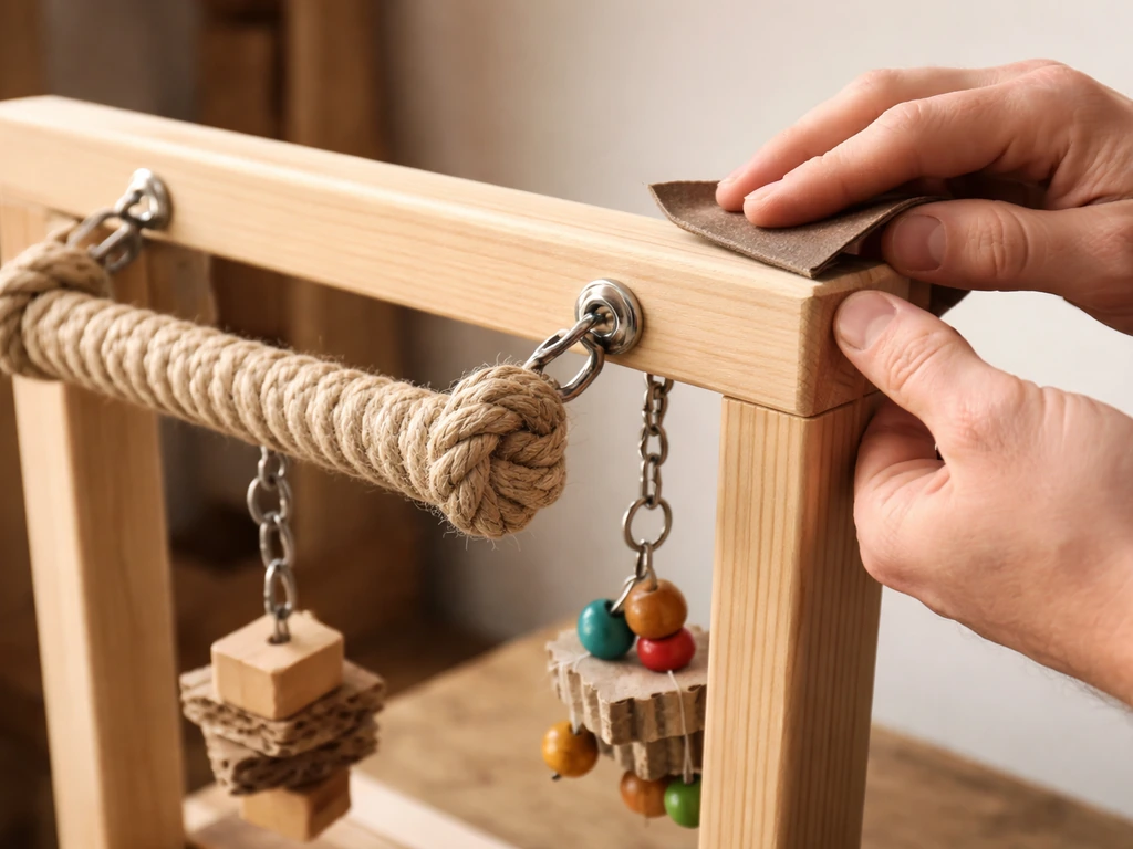 Hands sanding a smooth wooden enrichment stand with a rope perch and toy attachment secured.