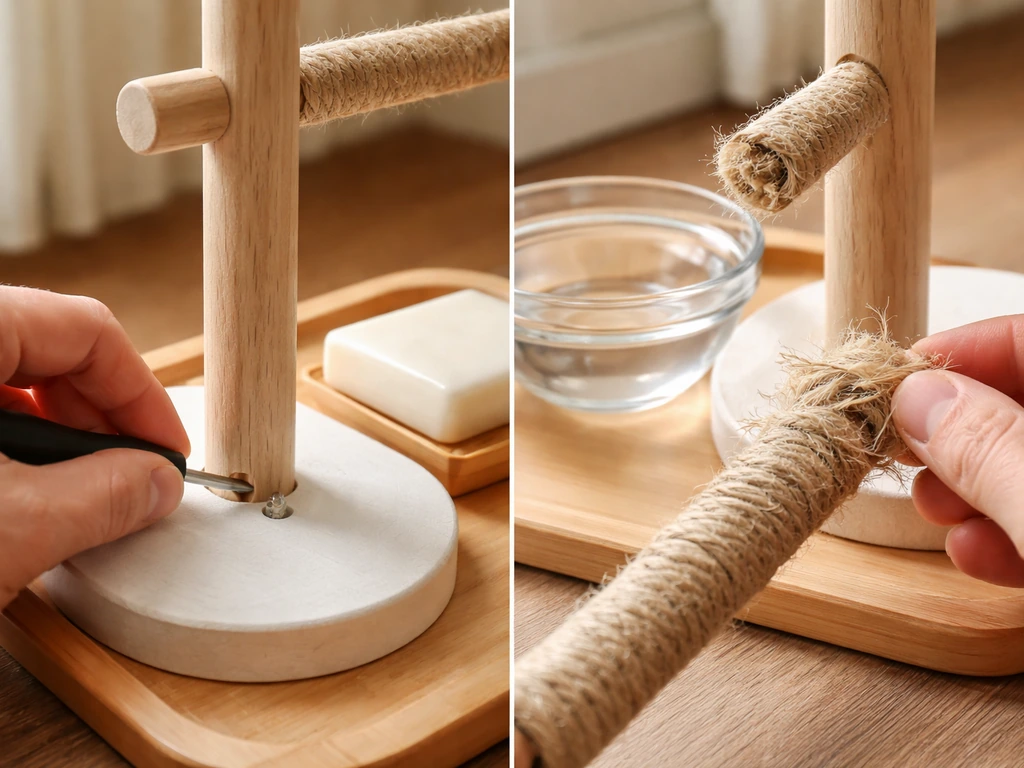 Hand tightening a loose screw on a bird stand with warm water and unscented soap nearby for cleaning.