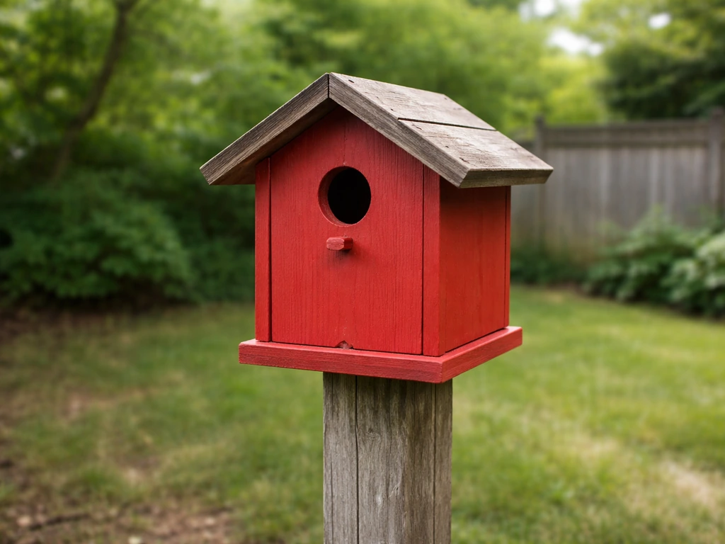 Finished red birdhouse on a post in a backyard, entrance hole and roof overhang clearly visible.