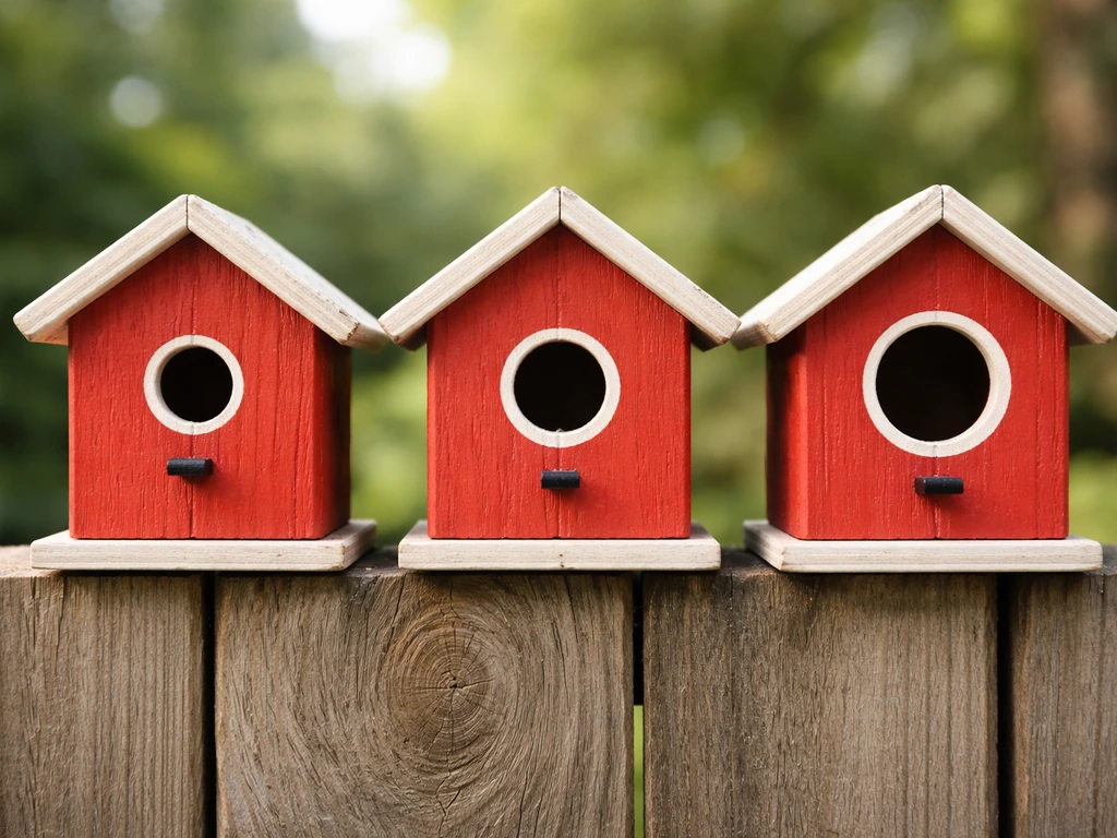 Close-up of three red birdhouses with different entrance-hole sizes for small songbirds, on a fence in daylight