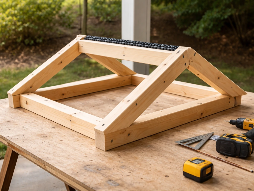 Dry-fit wooden framing on a sloped roof form showing overhang and screw-fastened hardware