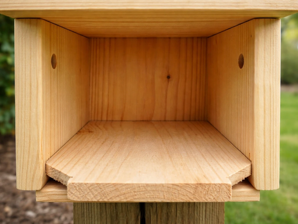 Close-up of a wooden nesting box showing side ventilation holes and clipped floor corners with drainage gaps.