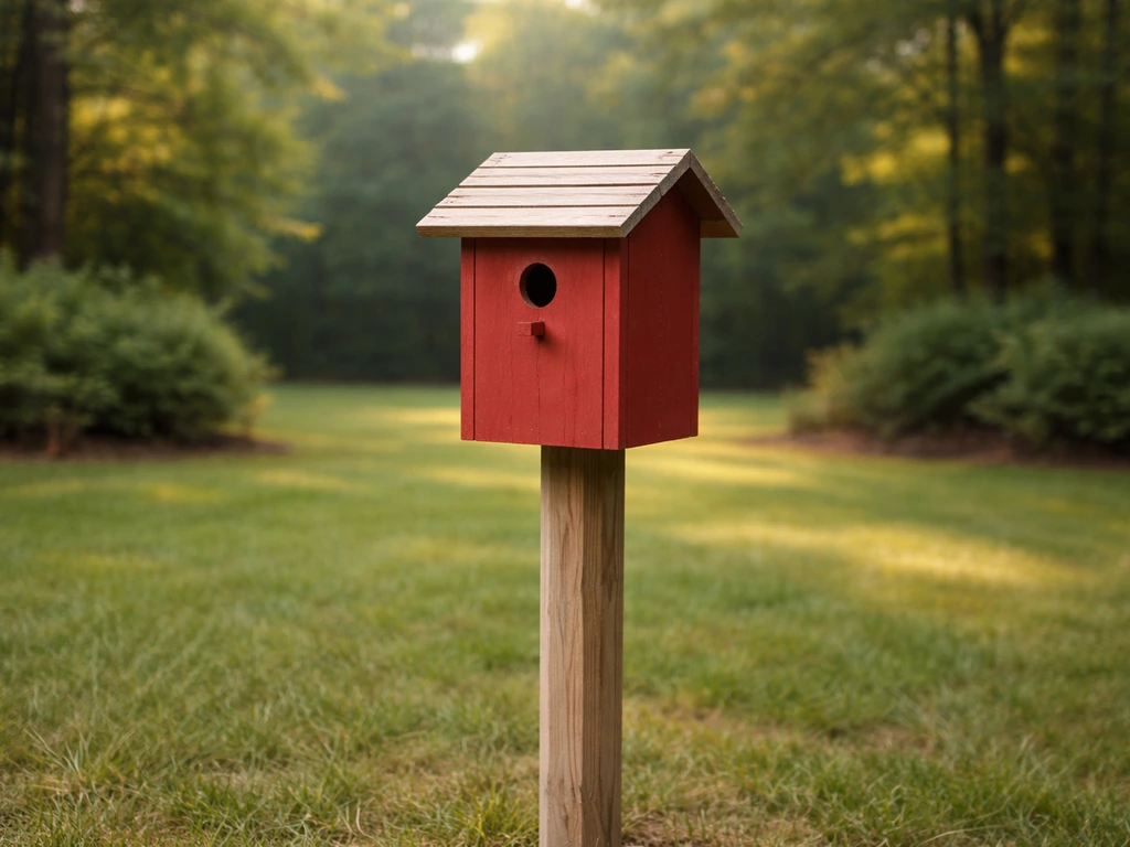Red birdhouse mounted at correct height on a post in a quiet backyard with clear nesting approach space.