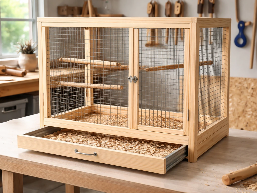 Completed DIY bird cage craft with wooden frame, wire mesh door, and pull-out base tray on a table.