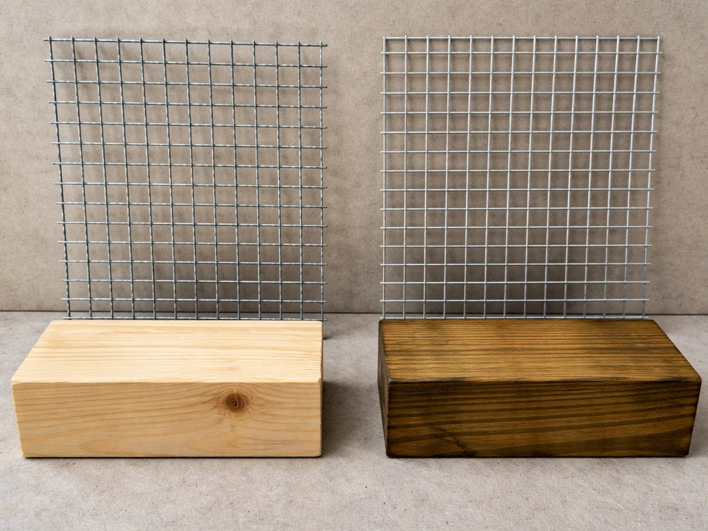 Close-up comparison of bird-safety materials: galvanized mesh and safer stainless mesh with untreated vs treated wood bl