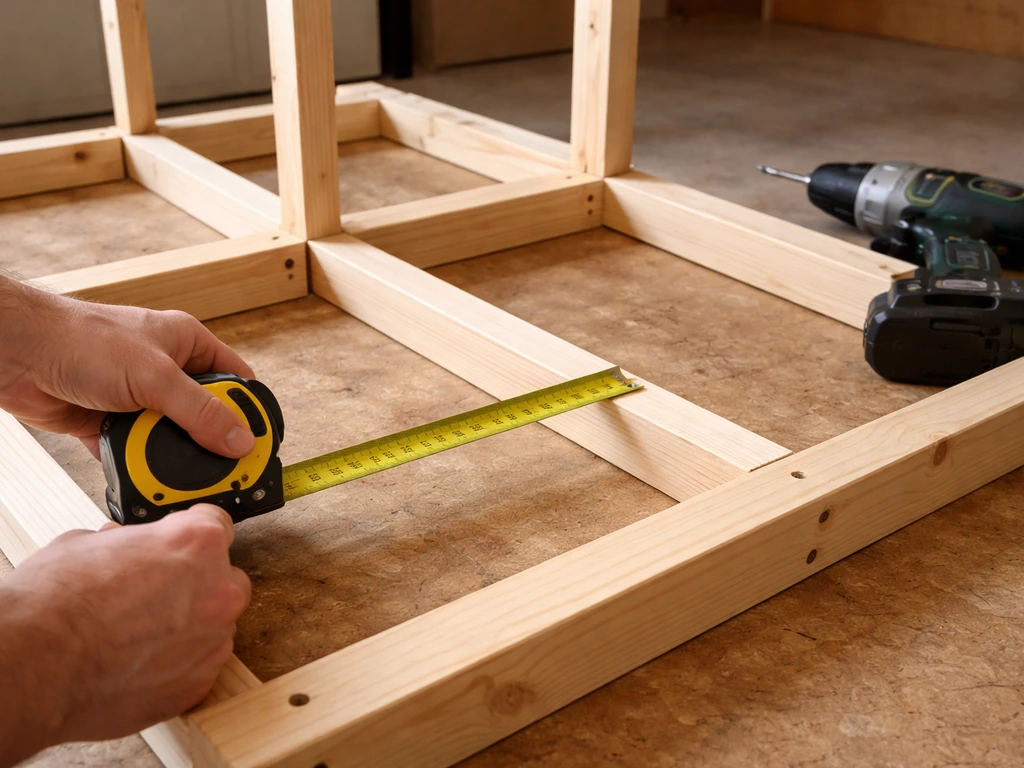 Close-up of lumber uprights and rails being measured and assembled into a cage frame skeleton.
