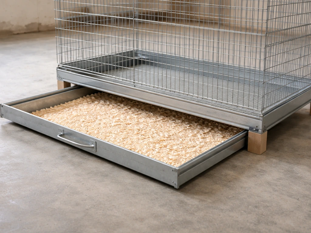Elevated DIY cage frame with a pull-out removable floor tray slid out for easier cleaning.