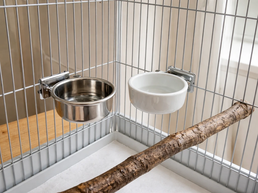 Small birdcage side shows clip-on stainless feeder, ceramic water dish, and a nearby natural perch.