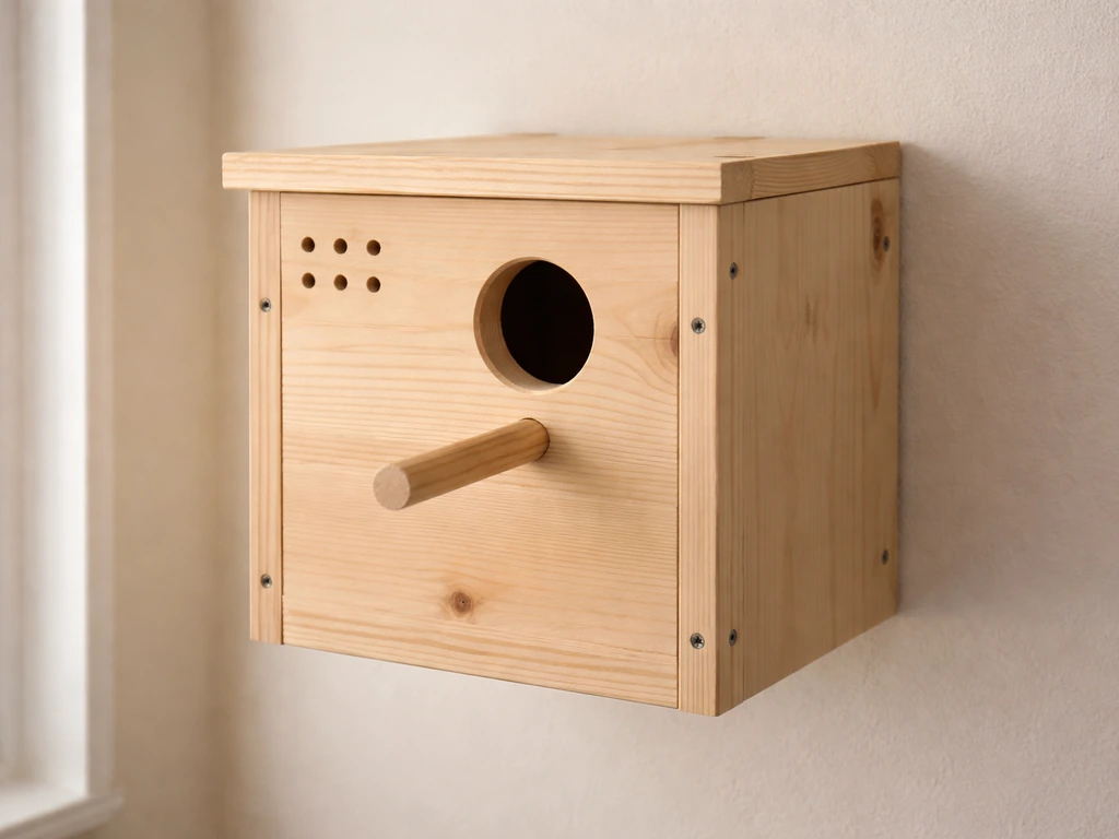 Wooden DIY cockatiel nest box mounted on a wall, front entrance hole and ventilation visible.