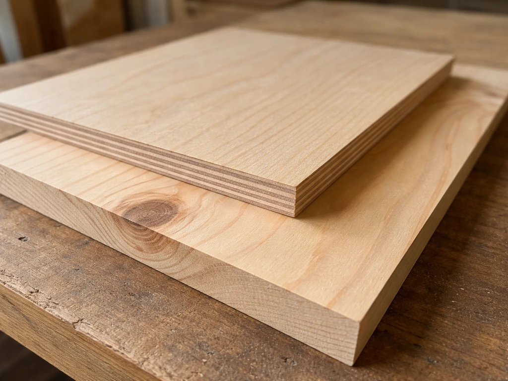 Close-up of untreated pine and plywood panels laid on a workbench with a clean cut edge detail