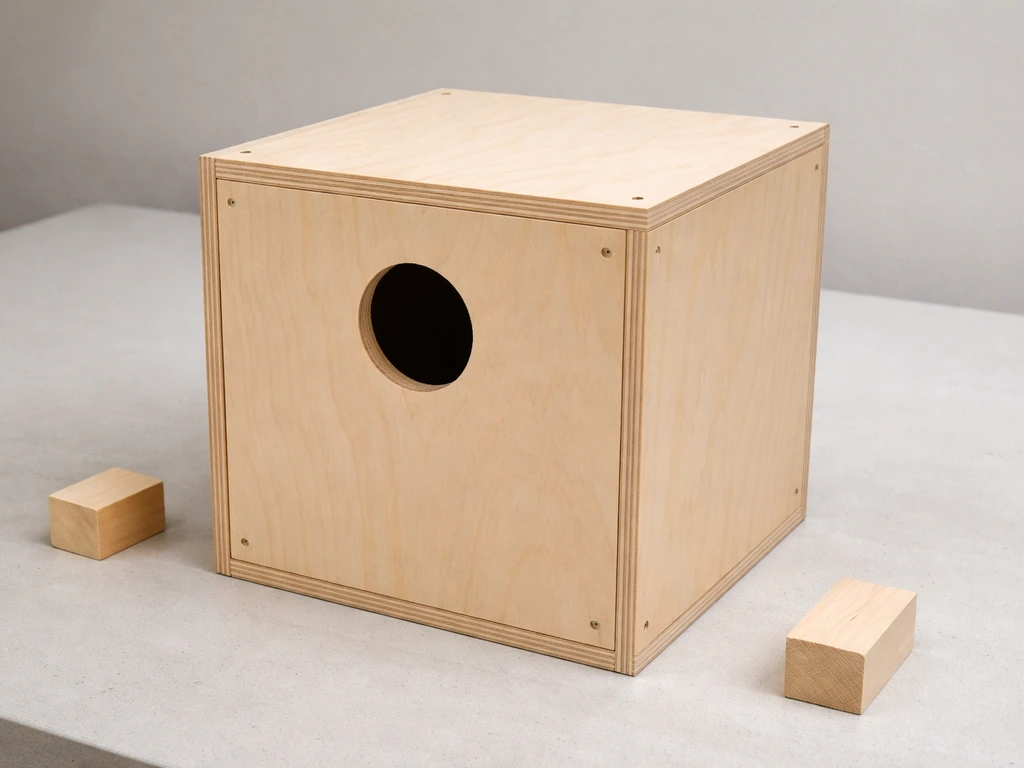 Top-down view of a plywood cockatiel nest box model with an entrance hole and visible cut dimensions.