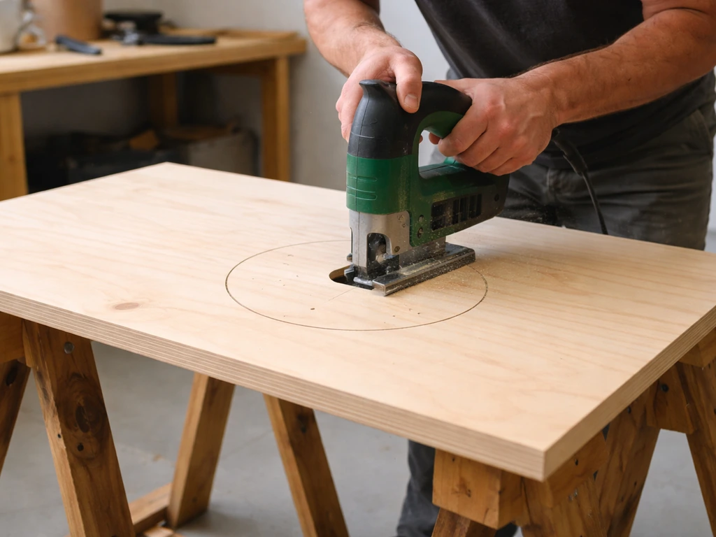 Close-up of a plywood front panel on sawhorses while a round entrance hole is cut with a jigsaw.