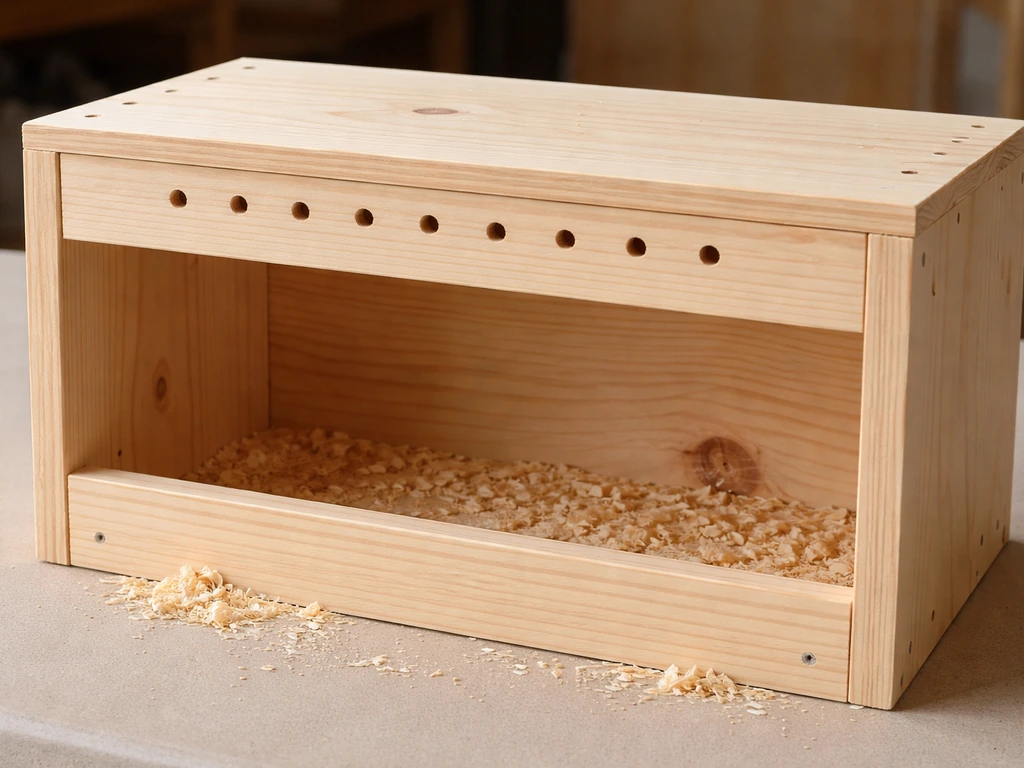 Side view of a wooden chick box with small drilled ventilation holes near the top edge.
