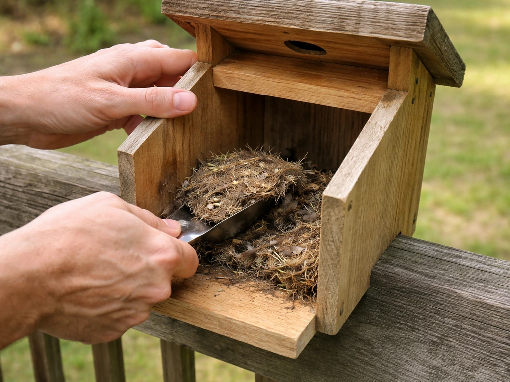 Hands removing old nesting material from an outdoor bird nest box, then checking edges for loose splinters.