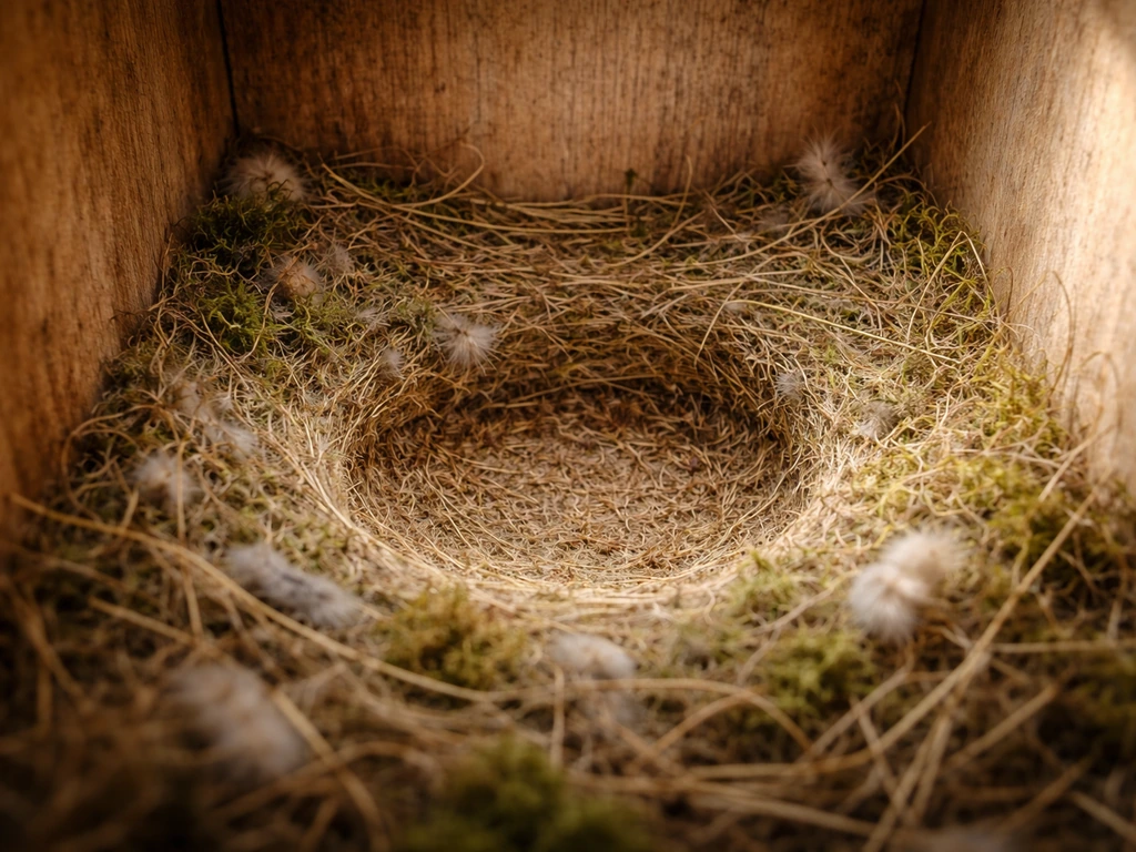 Close-up of nest box floor with a shallow center dip and bedding to stop eggs rolling.