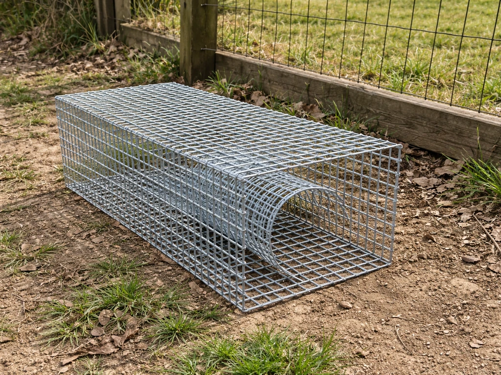 Assembled humane one-way starling funnel trap outdoors, built from hardware cloth with an open entry.