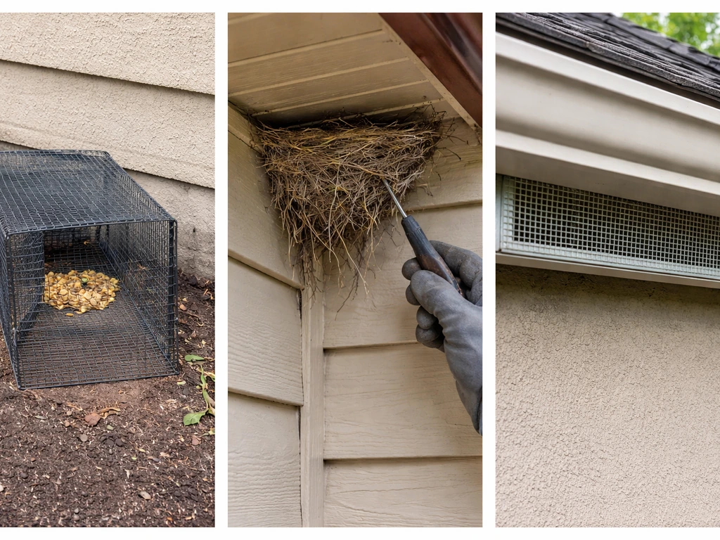 Three-panel comparison showing a funnel/decoy live-capture trap, an active nest removal setup, and a non-trap exclusion