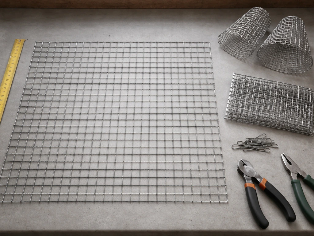 Close-up flat-lay of welded wire mesh, entry cone pieces, pliers, cutters, and a measuring tape for a DIY starling trap