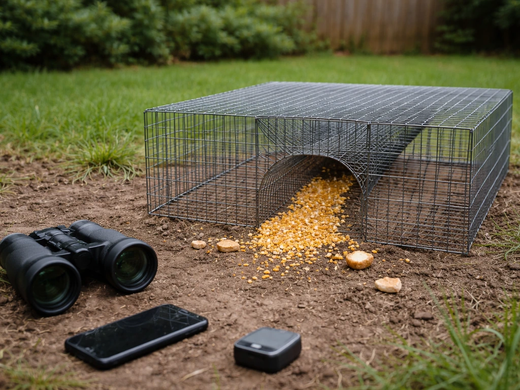 Outdoor bird trap setup with bait and decoys near a funnel entrance, plus monitoring tools in view.