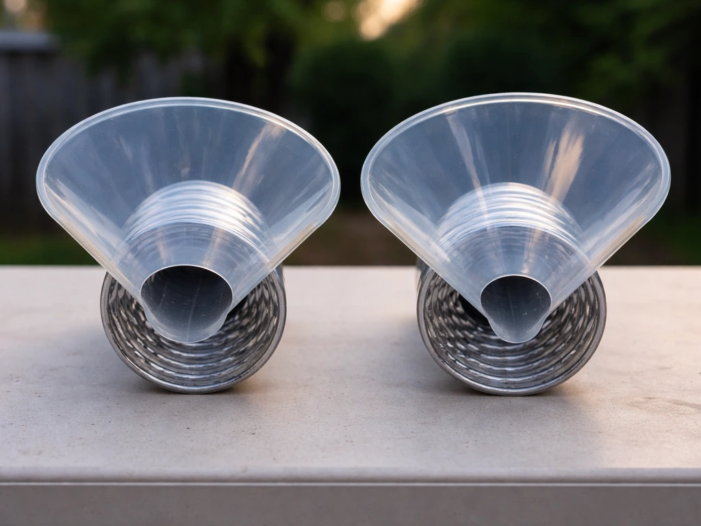 Two bird-exclusion funnels side-by-side showing a wide vs corrected narrow interior cone tip.