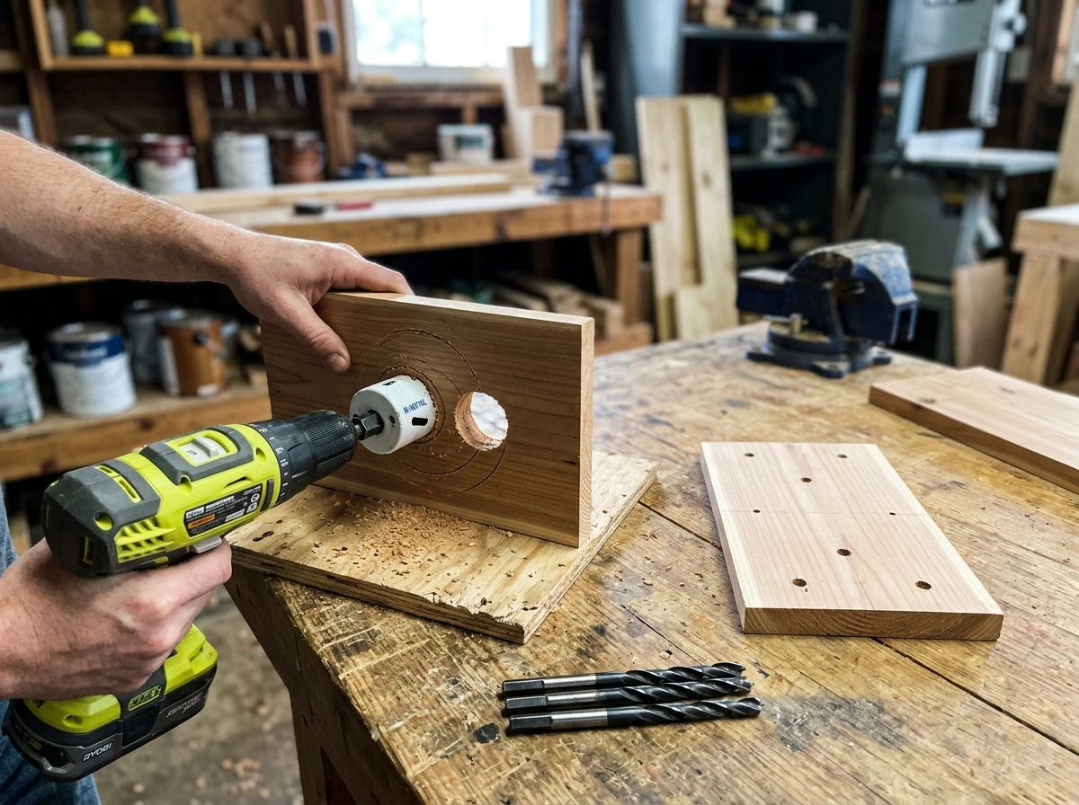 Drilling entrance hole and drainage/vent holes in birdhouse panels