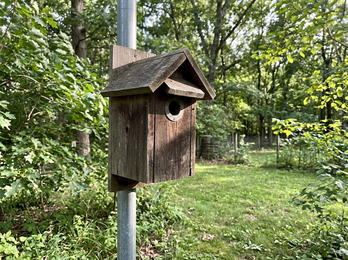 Birdhouse mounted on a post with a clear entrance facing outward