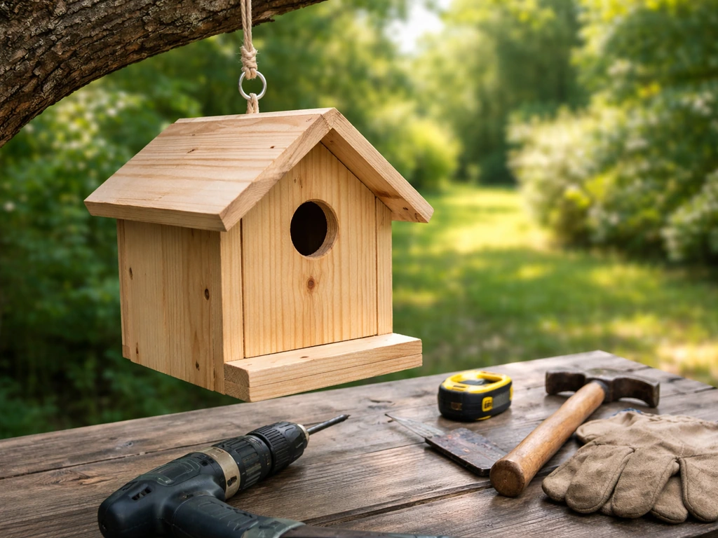 Unfinished hanging bird nest box on an outdoor branch with basic DIY tools nearby.