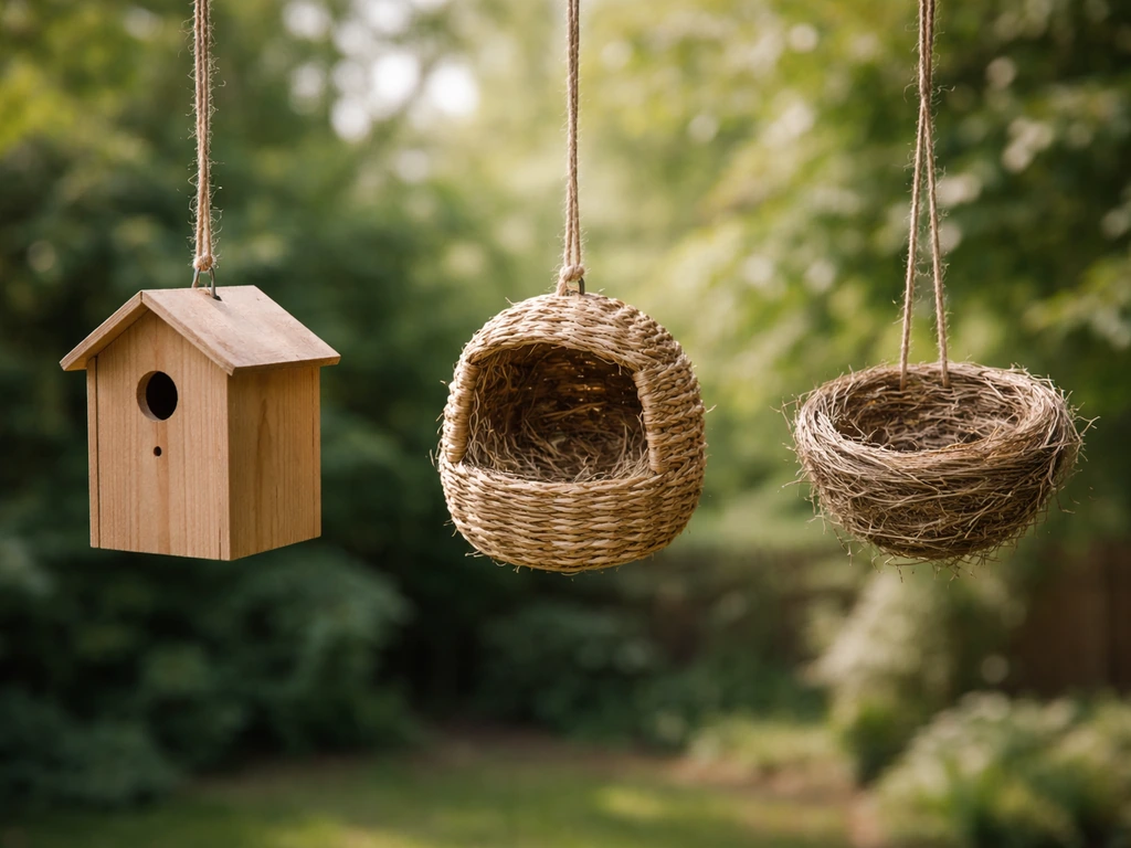 Three hanging bird nest designs side-by-side: enclosed box, semi-enclosed basket, and open cup in a garden setting.