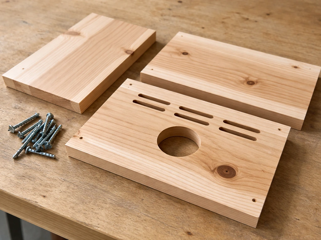 Close-up of pre-cut cedar wood panels with ventilation and entry cutouts and a few galvanized screws on a bench.