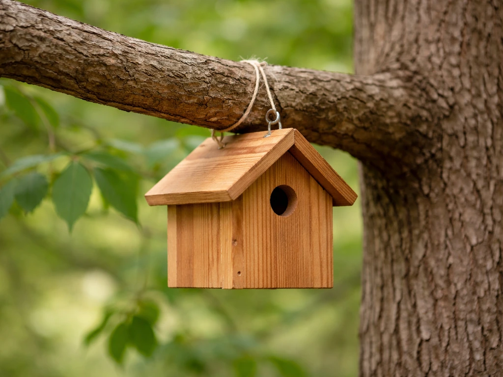 Wooden wren nest box mounted on a tree branch, hung at proper height with entrance facing away.